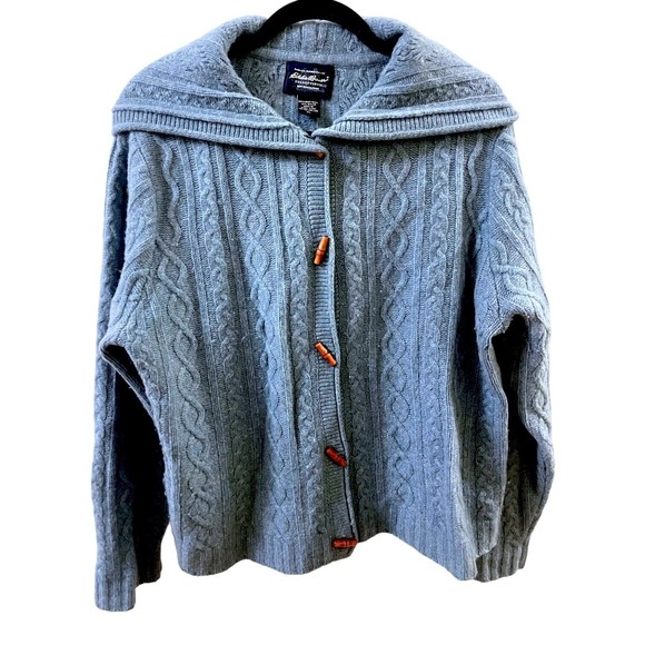 Eddie Bauer Women’s XL Blue Lamb's Wool Hooded Long Sleeve Cable knit Cardigan - Picture 2 of 12